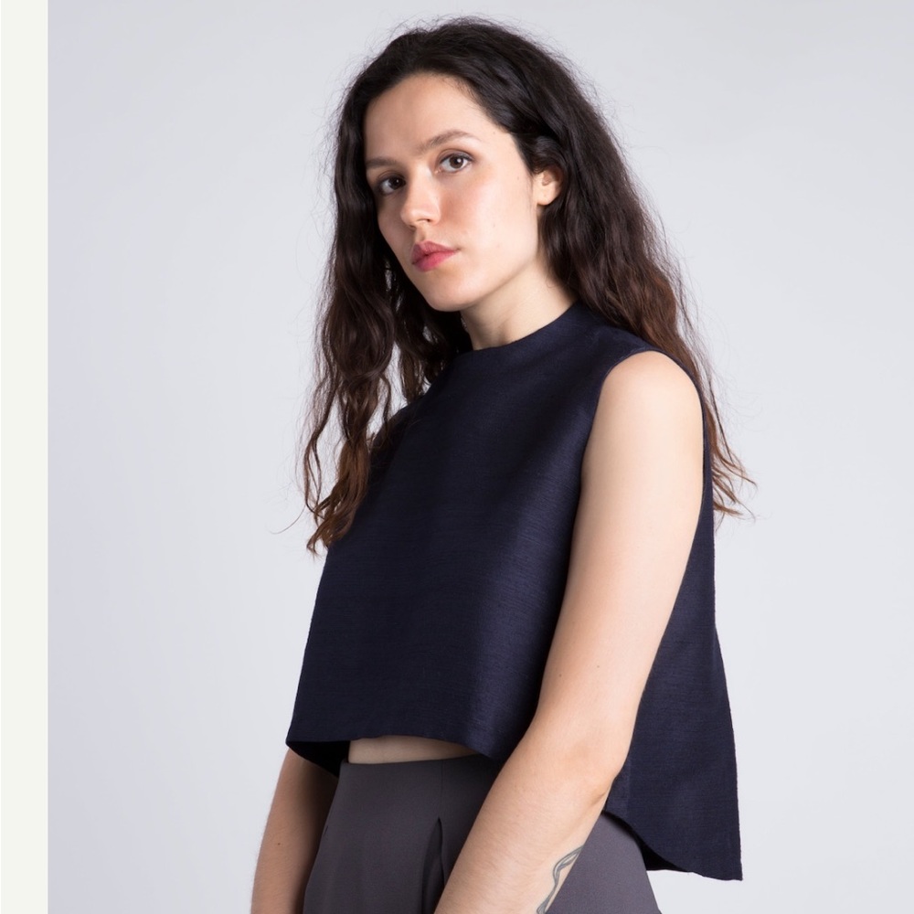 Kaarem Wind Chime Raised Collar Cropped Silk Top